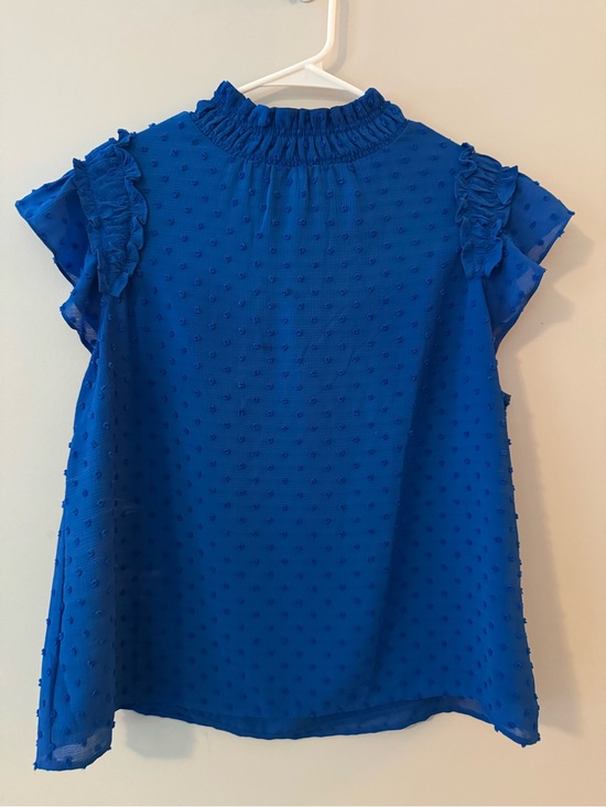 CeCe Tops - CeCe Royal Blue Swiss Dot Ruffle Mock Neck Top